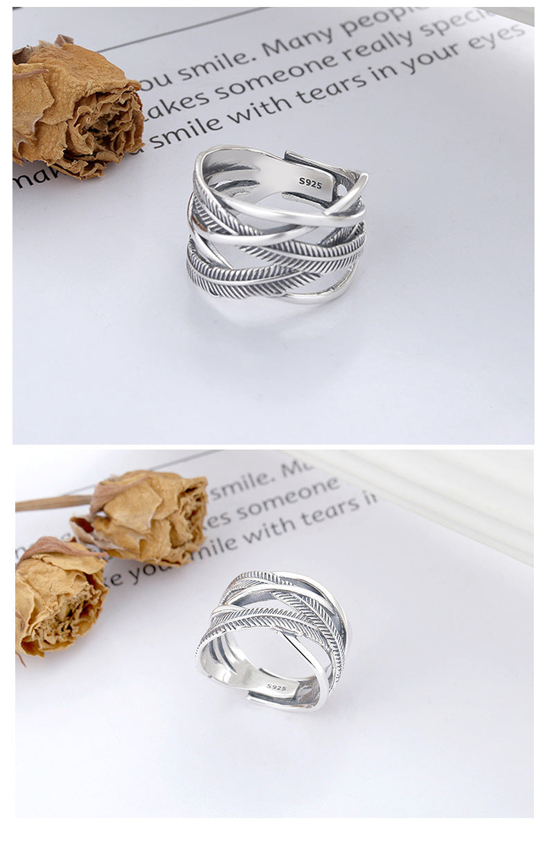 S925 Sterling Silver Ring Classic Feather Line Cross Trendy Adjustable
