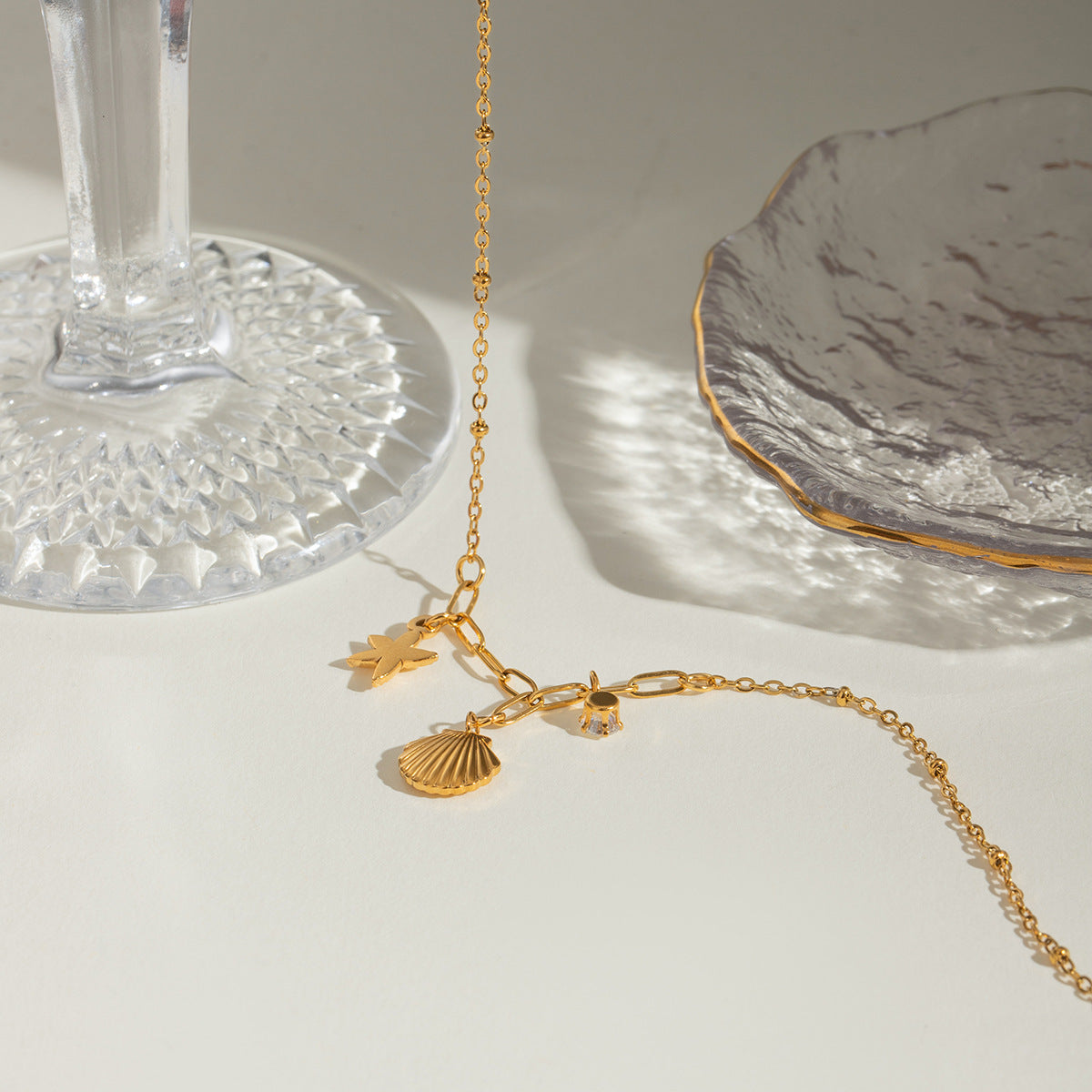 Dainty Stainless Steel Necklace with Starfish Zircon Pendant