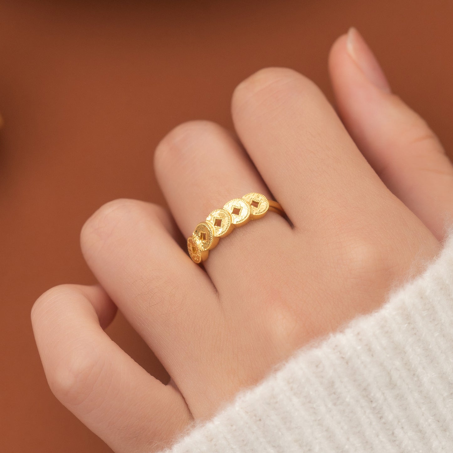 S925 Sterling Silver Ring Money Comes in Abundance Copper Coin Ring New Chinese Style National Trend Crushed Ice Five Emperor Coins Fashion CNC Ring