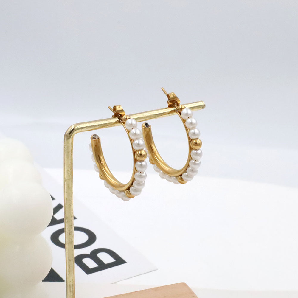 French Luxury Pearl Hoop Earrings - 18K Gold Plated Titanium Steel C-Shape Earrings