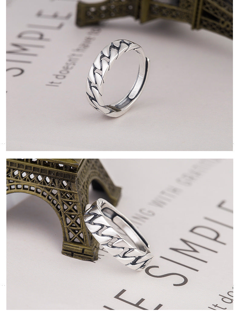 S925 Sterling Silver Korean Style Crossover Ring - Minimalist Lock Chain Square Band | Adjustable Open Stackable Ring for Women