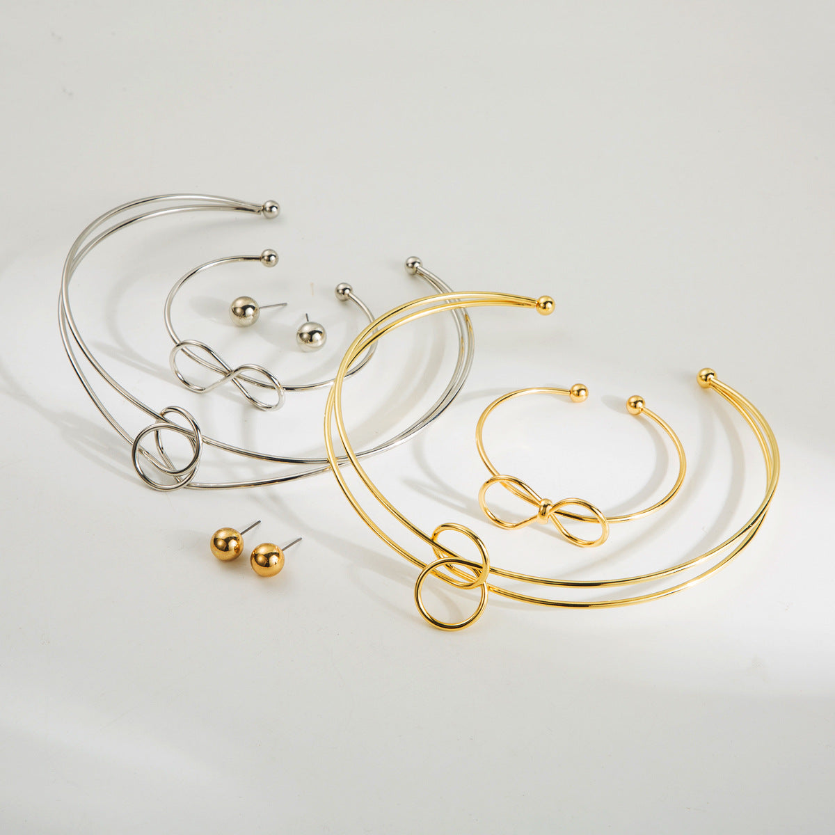 Minimalist Knotted Metal Jewelry Set - High Polish Earrings, Cuff & Choker | Contemporary Dainty Stackables