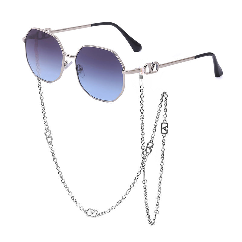 Trendy Internet Celebrity Style Anti-Drop Chain Strap Irregular Polygonal Full Frame Sunglasses