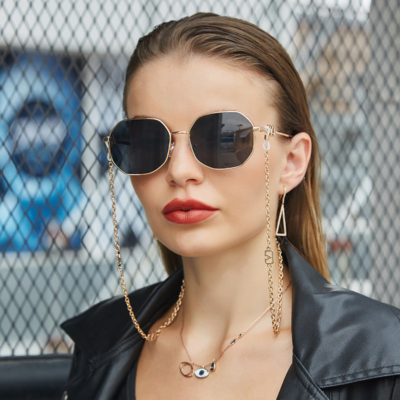 Trendy Internet Celebrity Style Anti-Drop Chain Strap Irregular Polygonal Full Frame Sunglasses