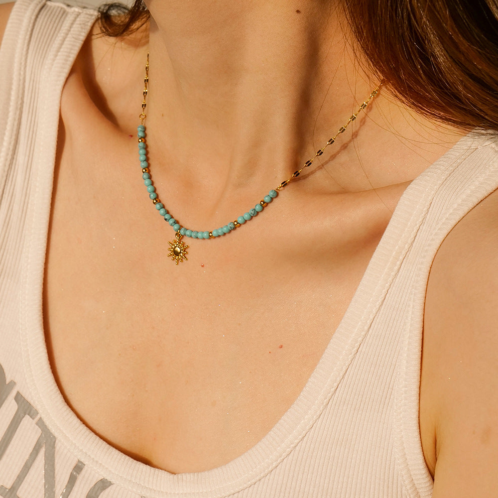 Sun Pendant Necklace for Women Turquoise Gemstone Titanium Steel Chain