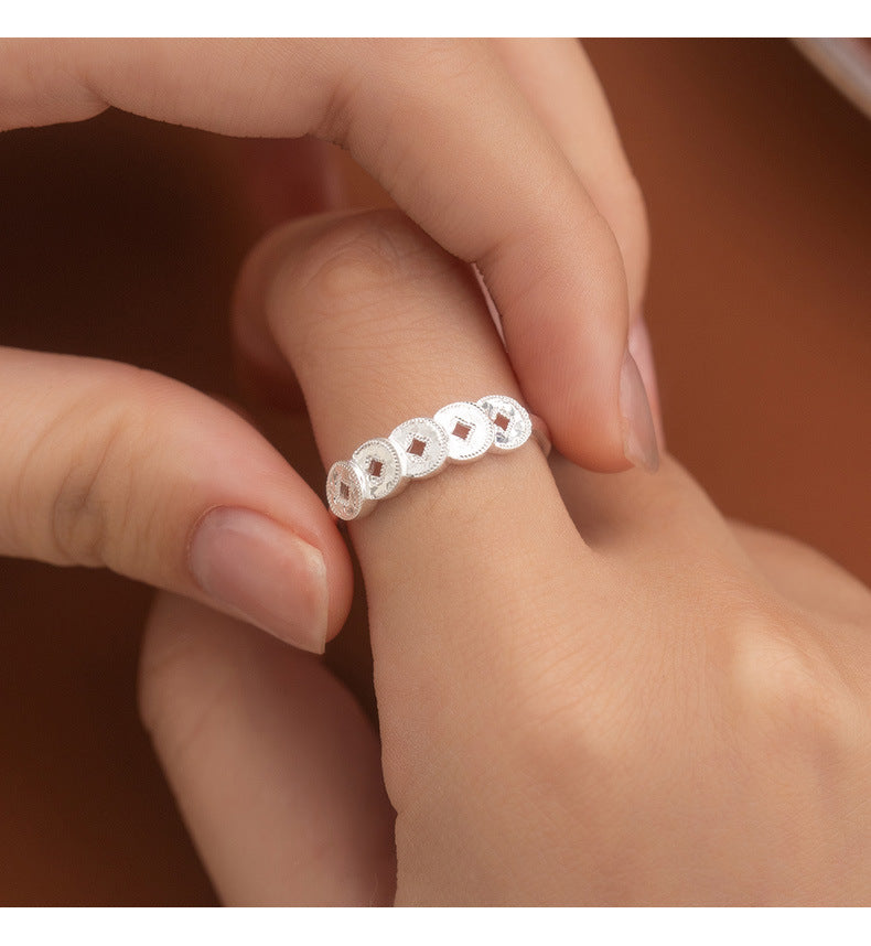S925 Sterling Silver Ring Money Comes in Abundance Copper Coin Ring New Chinese Style National Trend Crushed Ice Five Emperor Coins Fashion CNC Ring