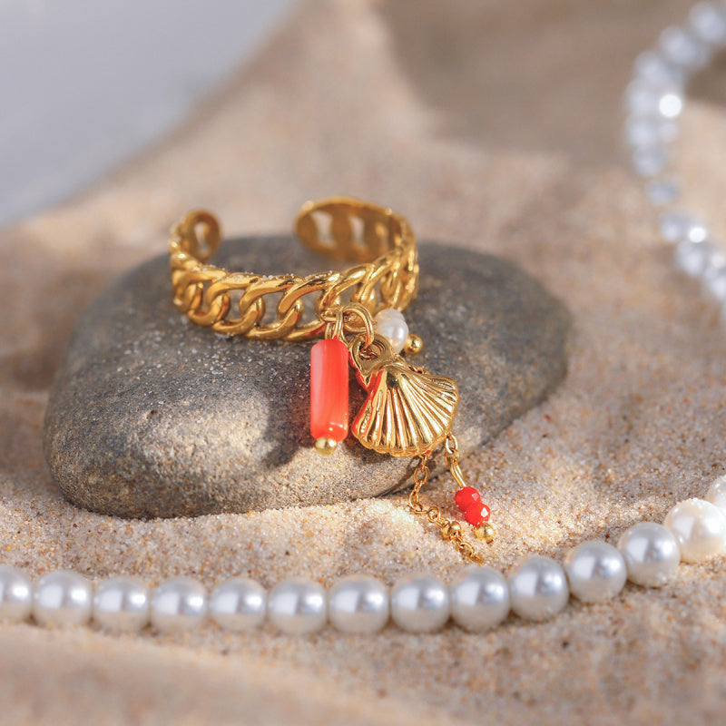 Boho Shell & Crystal Pendant with Twist Titanium Ring