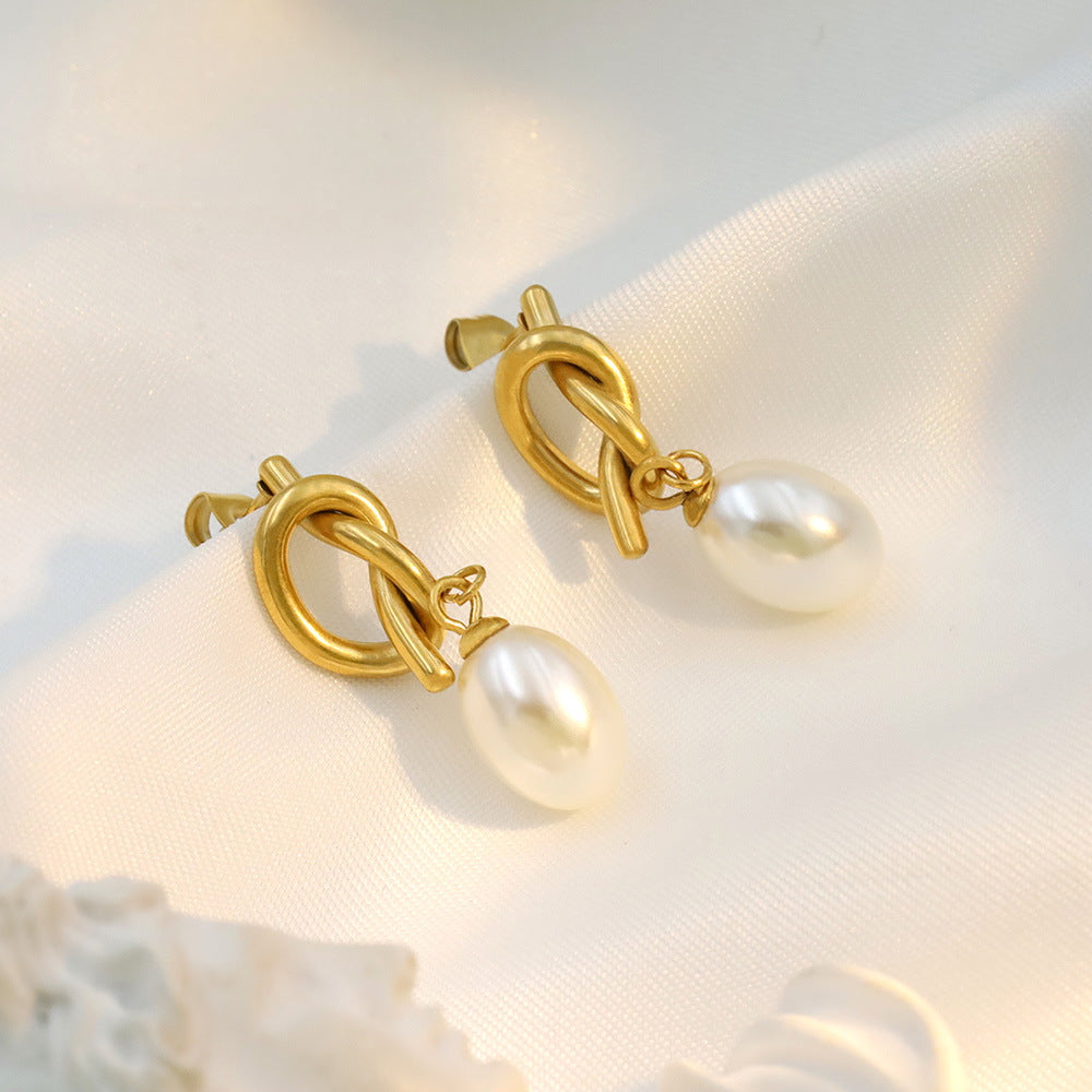 Titanium Steel Chanel Inspired Pearl Pendant Hoops Minimalist Studs for Women