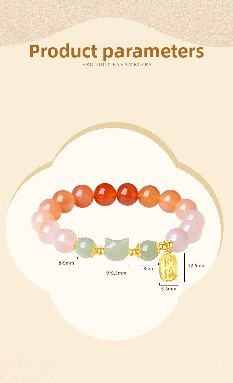 Red Agate & Hetian Jade Cat Bracelet - 925 Sterling Silver Chinese Style Jewelry | Unique Valentine's Gift for Women