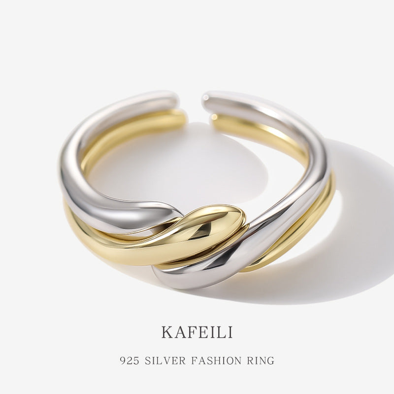 Double Ring S925 Silver Ring Plain Band Water Ripple Adjustable Ring Ins Style Simple Stacking Jewelry
