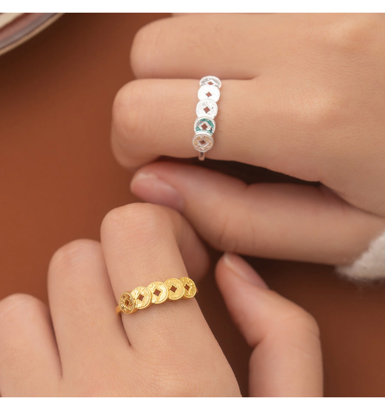 S925 Sterling Silver Ring Money Comes in Abundance Copper Coin Ring New Chinese Style National Trend Crushed Ice Five Emperor Coins Fashion CNC Ring