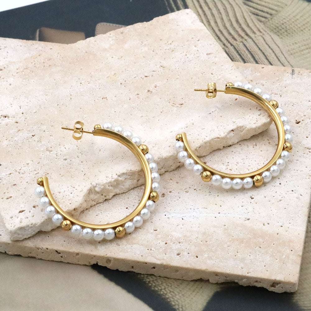 French Luxury Pearl Hoop Earrings - 18K Gold Plated Titanium Steel C-Shape Earrings