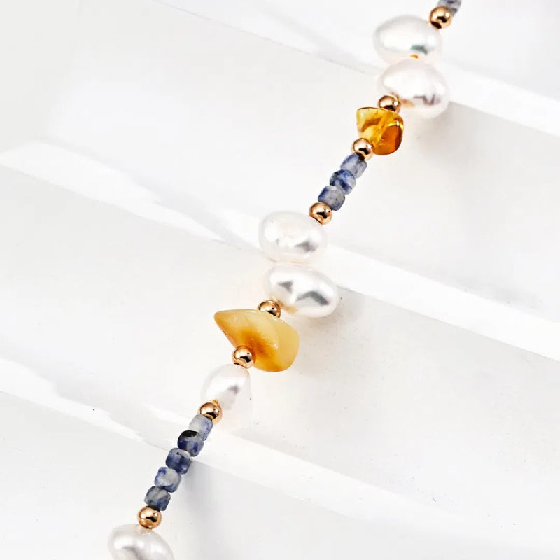 Fashion Pearl Blue Spotted Stone and Honey Amber Bracelet S925 Silver Necklace Silver Bracelet