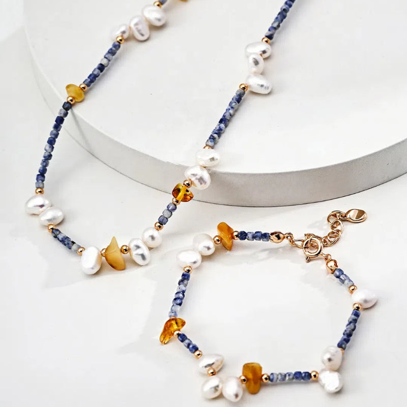 Fashion Pearl Blue Spotted Stone and Honey Amber Bracelet S925 Silver Necklace Silver Bracelet