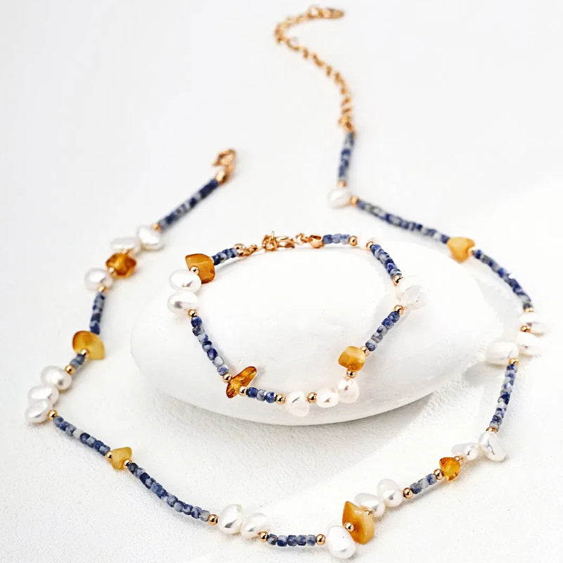 Fashion Pearl Blue Spotted Stone and Honey Amber Bracelet S925 Silver Necklace Silver Bracelet