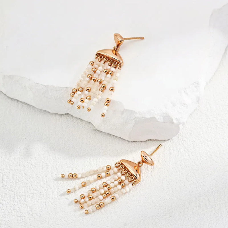 Fashion Shell Beaded Tassel Sterling Silver Earrings