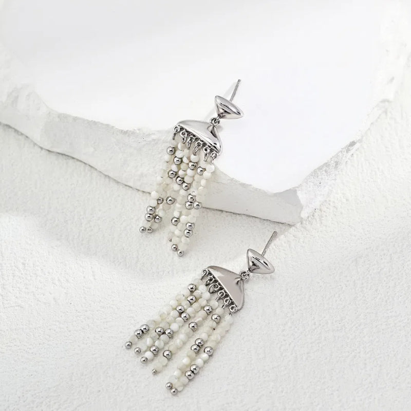Fashion Shell Beaded Tassel Sterling Silver Earrings