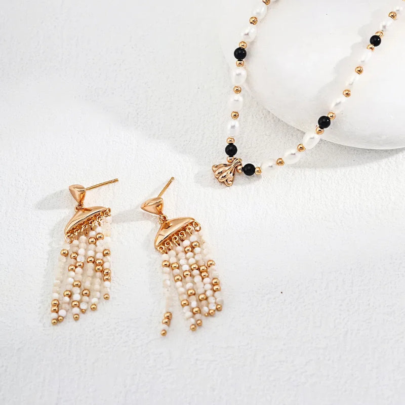 Fashion Shell Beaded Tassel Sterling Silver Earrings