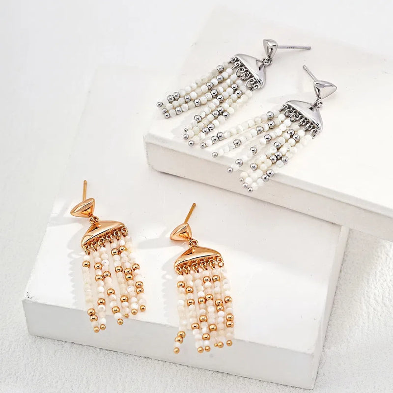 Fashion Shell Beaded Tassel Sterling Silver Earrings