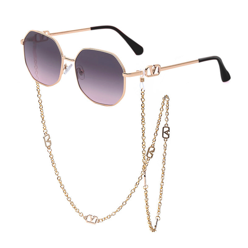 Trendy Internet Celebrity Style Anti-Drop Chain Strap Irregular Polygonal Full Frame Sunglasses