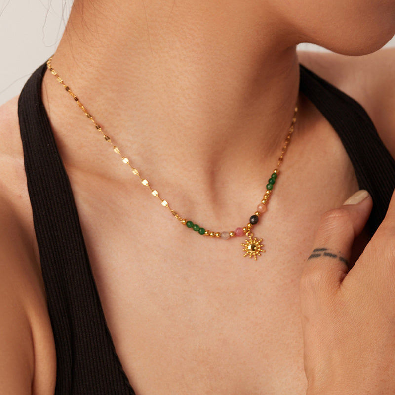 Boho Sun Pendant Stainless Steel Necklace with Natural Stone Vintage French Inspired Jewelry