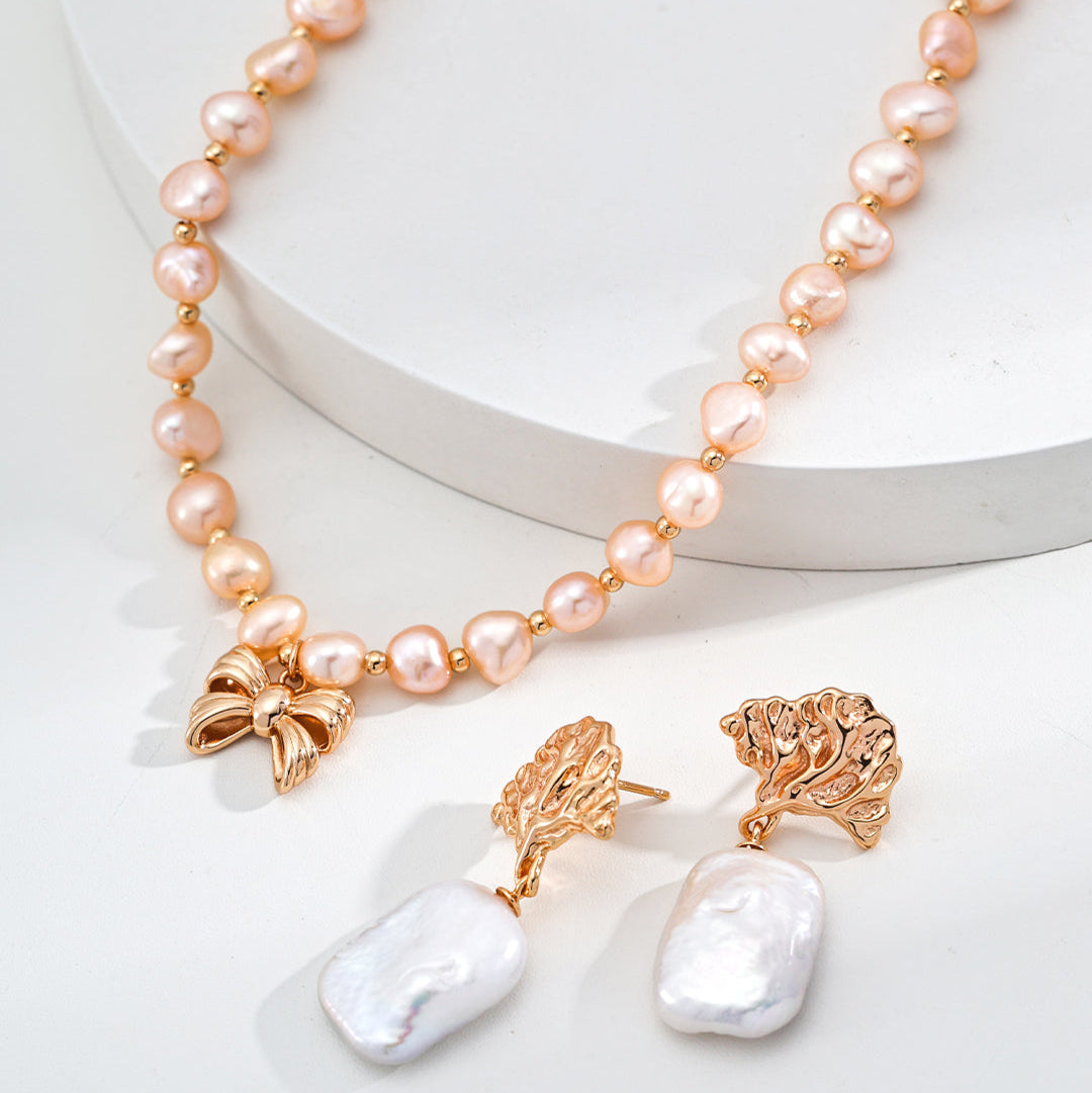 Natural Pearl Necklace with Sterling Silver Bow Pendant - Dainty & Elegant Jewelry Gift