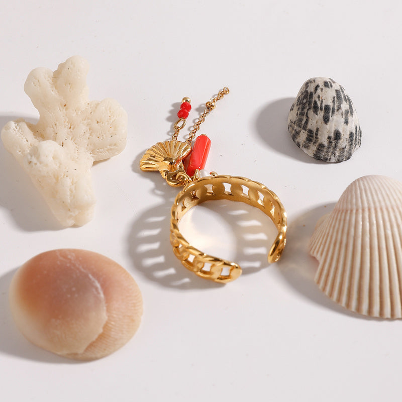 Boho Shell & Crystal Pendant with Twist Titanium Ring