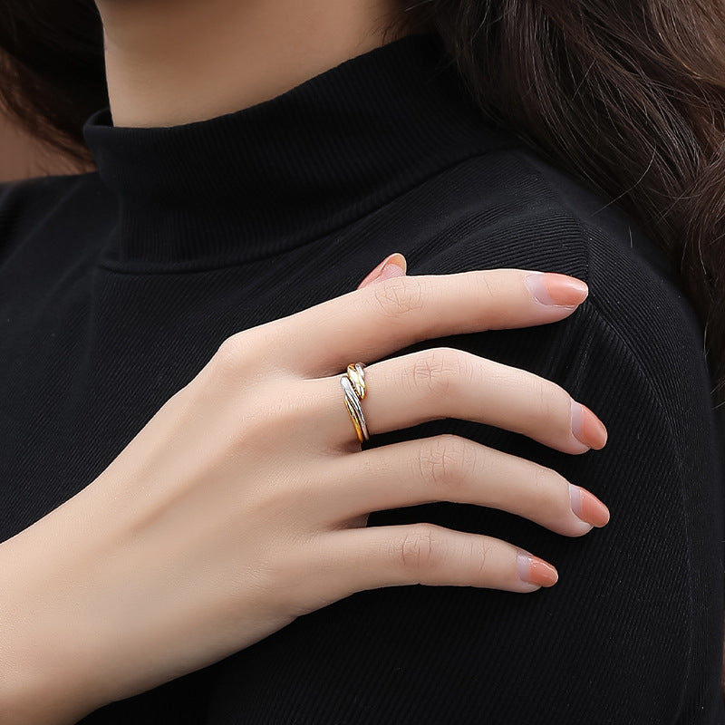 Double Ring S925 Silver Ring Plain Band Water Ripple Adjustable Ring Ins Style Simple Stacking Jewelry