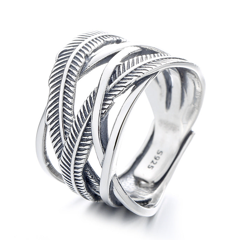 S925 Sterling Silver Ring Classic Feather Line Cross Trendy Adjustable