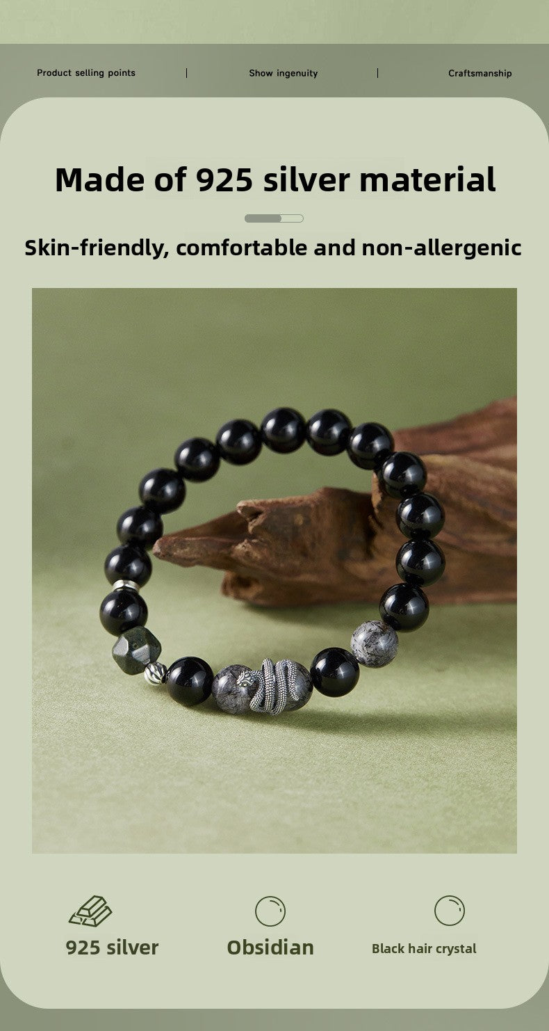 S925 Sterling Silver Black Obsidian & Tourmalinated Quartz Snake Year Bracelet | Yin Yang Protection Jewelry | Zen Buddhist Style Gift for Him