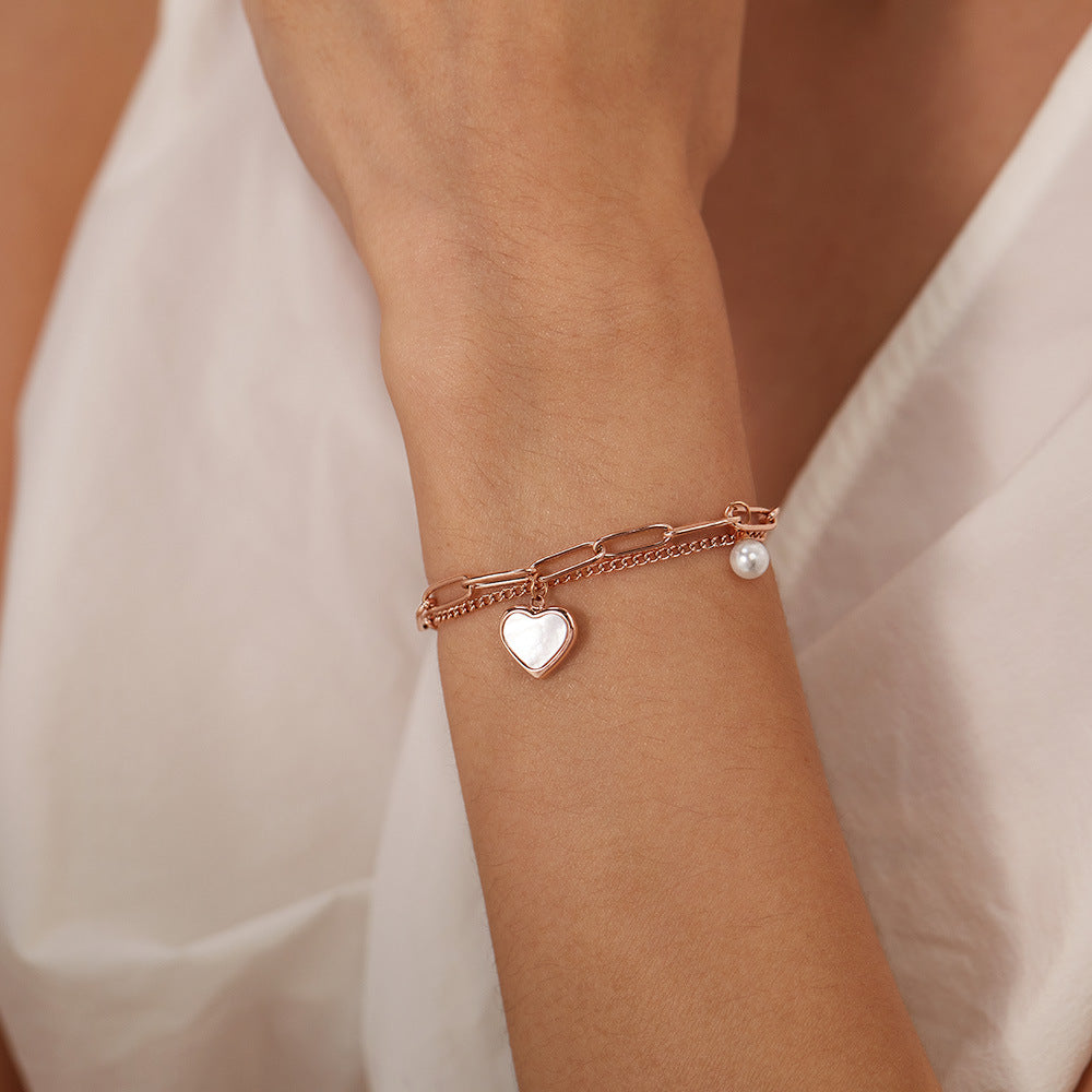 Luxury Double Layer Titanium Steel Pearl Bracelet for Women - Fashion Adjustable Heart Pendant Dainty Hand Jewelry