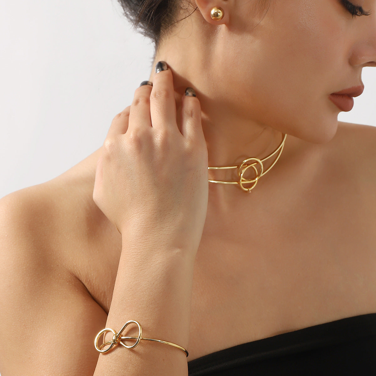 Minimalist Knotted Metal Jewelry Set - High Polish Earrings, Cuff & Choker | Contemporary Dainty Stackables
