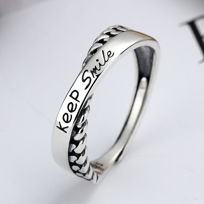 Keep Smile Words Print Cross-over S925 Sterling Silver Ring Fashion Personality INS Style