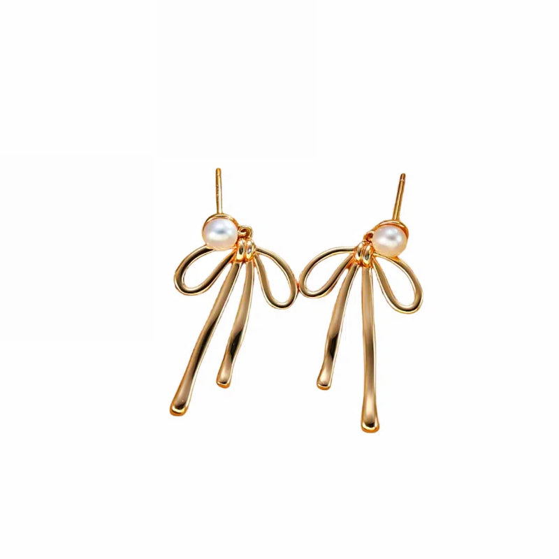 Vintage Gold Bow Pearl Earrings in 925 Sterling Silver - Timeless Retro Elegance