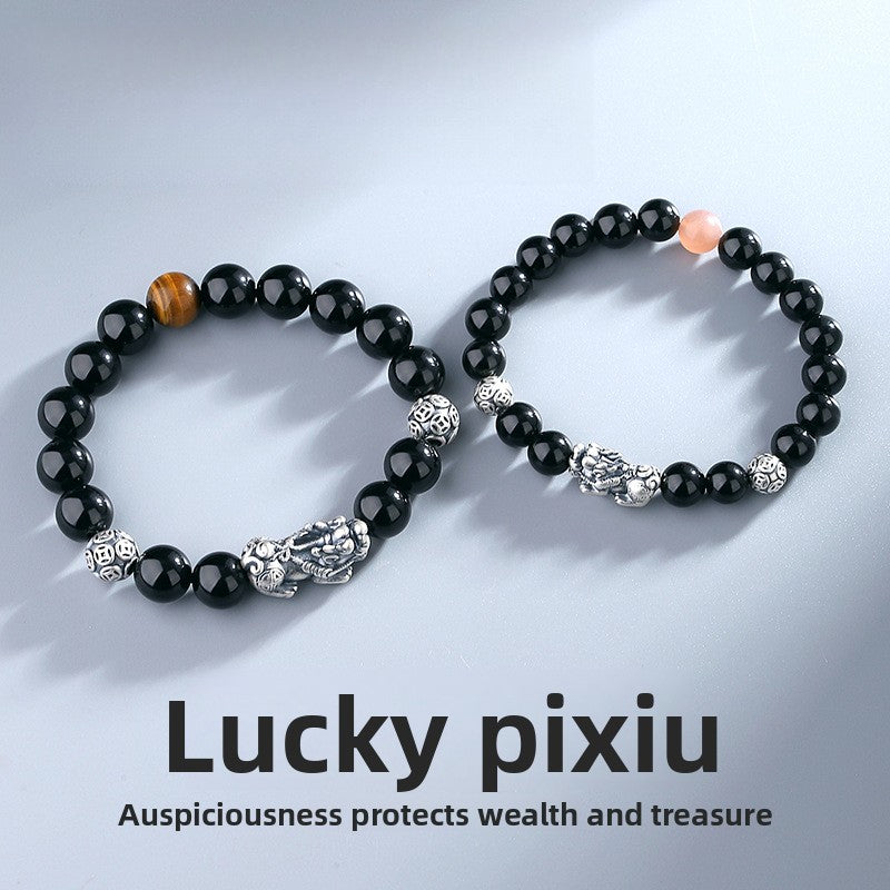 Pure Silver999Vintage Men's Accessories3D Hard Pixiu Bracelet Obsidian Bead Bracelet for Women520Valentine's Day gift for girlfriend