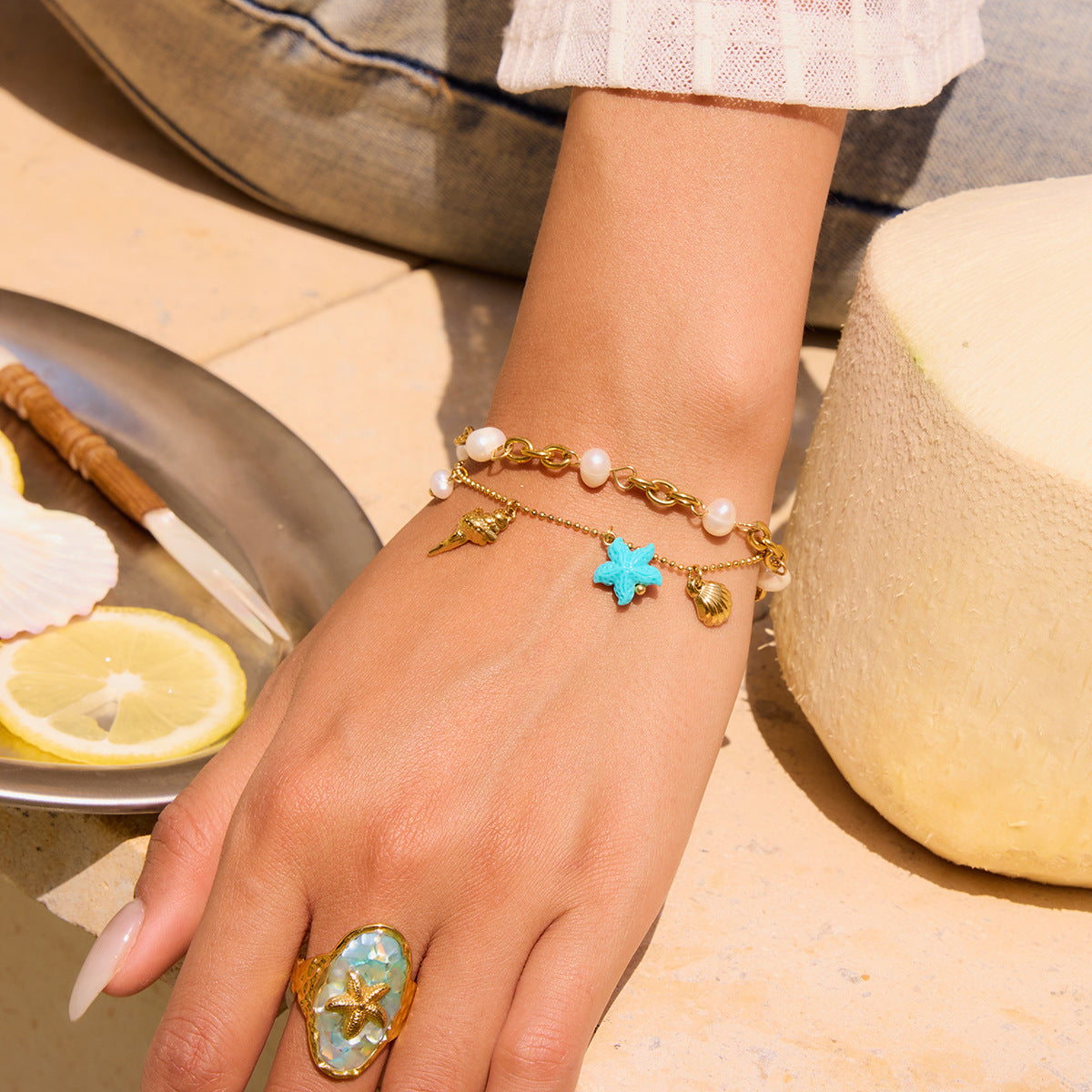 Adjustable Stainless Steel Jewelry Blue Resin Starfish Boho Ring for Summer Beach Vacation