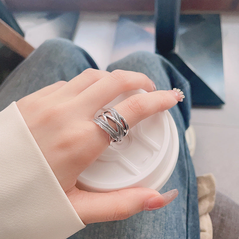 S925 Sterling Silver Ring Classic Feather Line Cross Trendy Adjustable