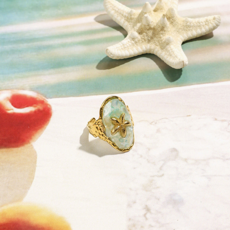 Adjustable Stainless Steel Jewelry Blue Resin Starfish Boho Ring for Summer Beach Vacation