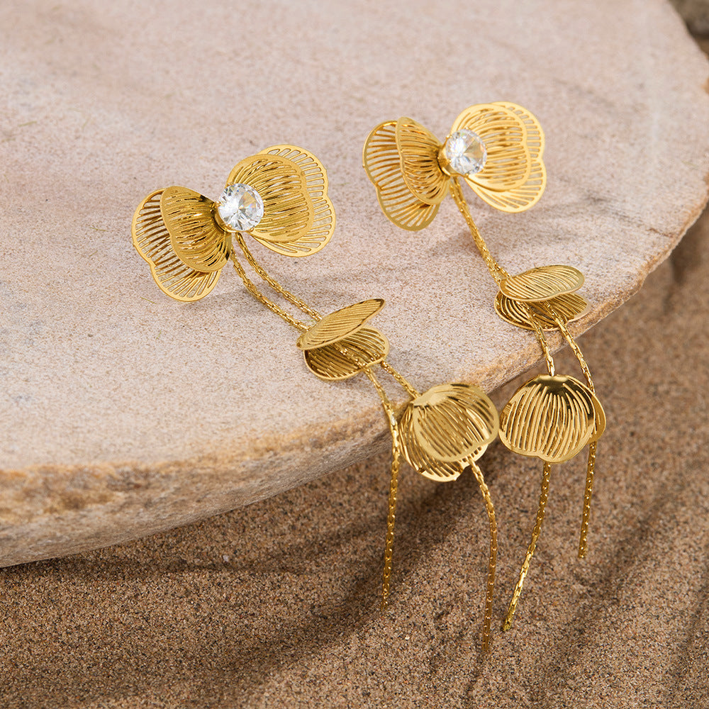 Vintage Luxe Titanium Steel Earrings – Crystal-Embellished Butterfly Dangle Earrings with Tassel