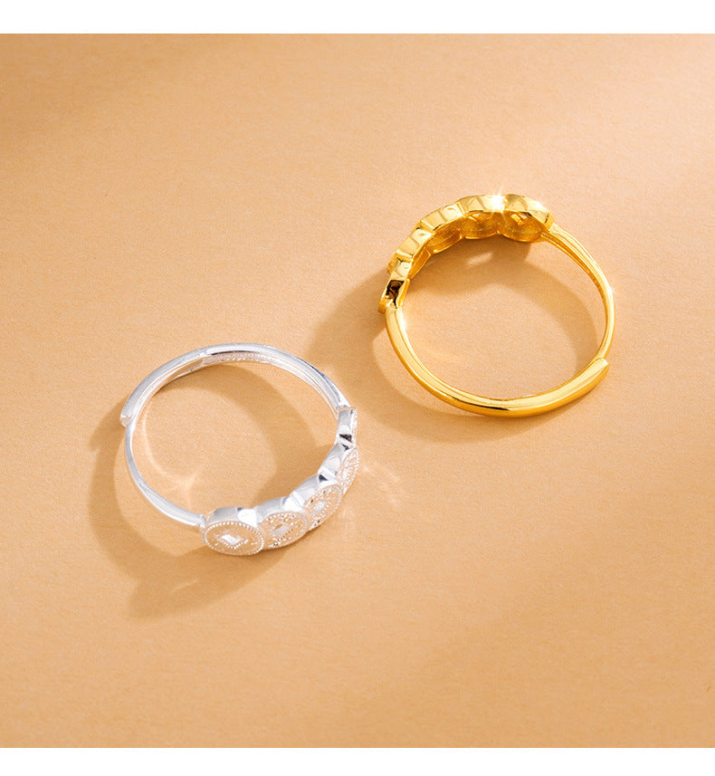 S925 Sterling Silver Ring Money Comes in Abundance Copper Coin Ring New Chinese Style National Trend Crushed Ice Five Emperor Coins Fashion CNC Ring