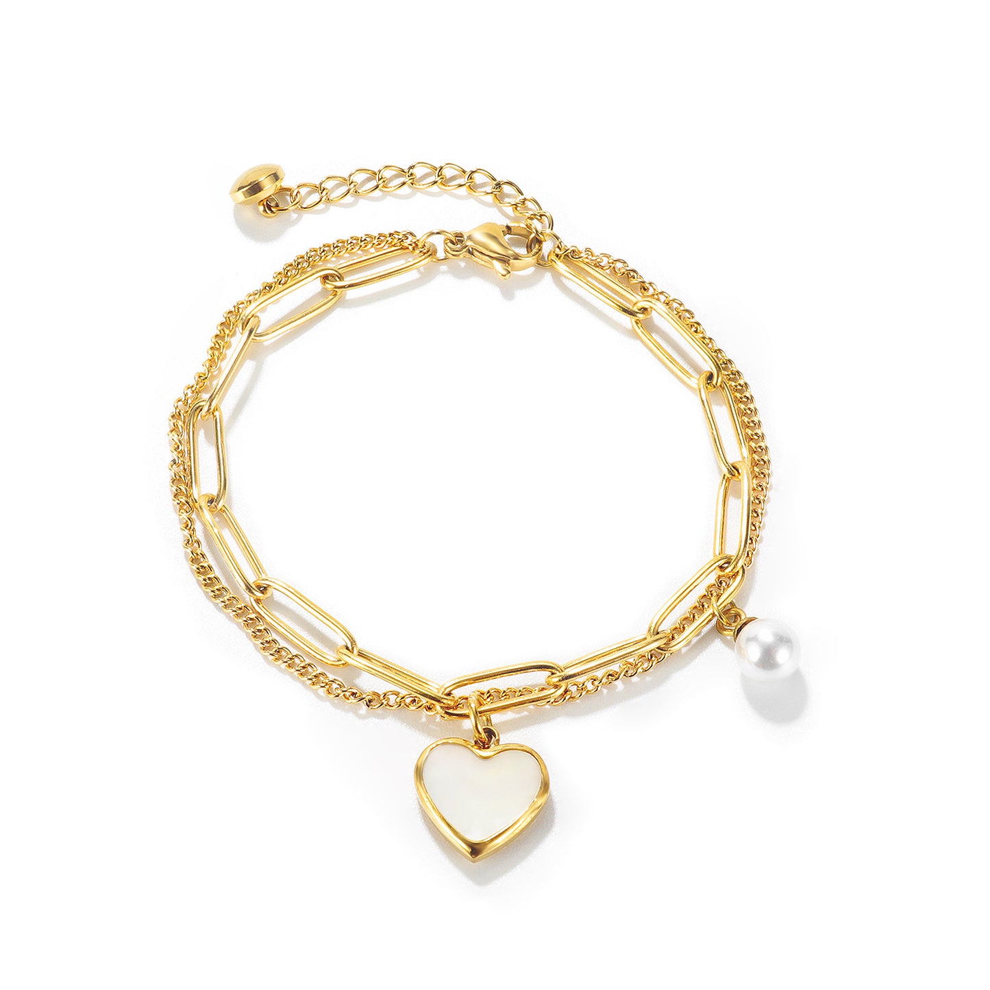 Luxury Double Layer Titanium Steel Pearl Bracelet for Women - Fashion Adjustable Heart Pendant Dainty Hand Jewelry