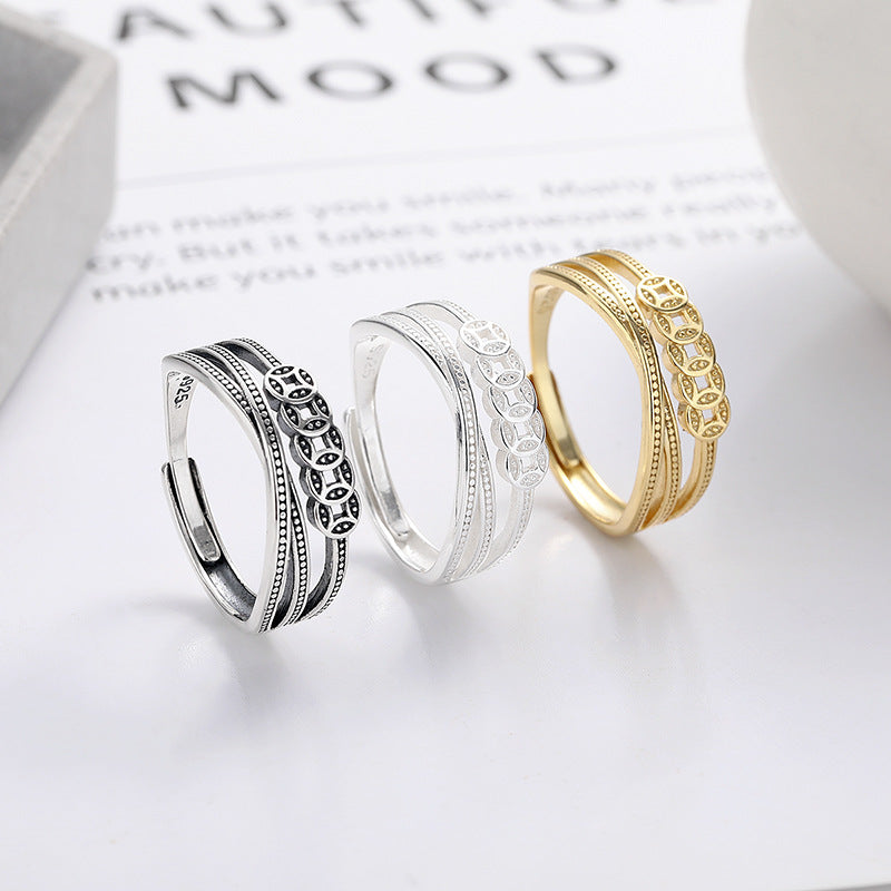 S925 Sterling Silver Ring Copper Coin Pattern Ring Vintage Oxidized Ethnic Style Multi-layer Wrapped