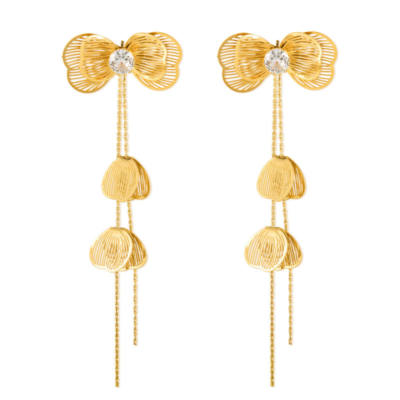 Vintage Luxe Titanium Steel Earrings – Crystal-Embellished Butterfly Dangle Earrings with Tassel