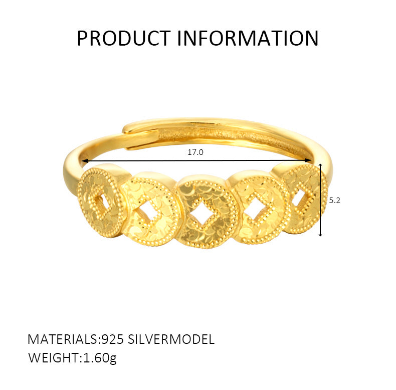S925 Sterling Silver Ring Money Comes in Abundance Copper Coin Ring New Chinese Style National Trend Crushed Ice Five Emperor Coins Fashion CNC Ring