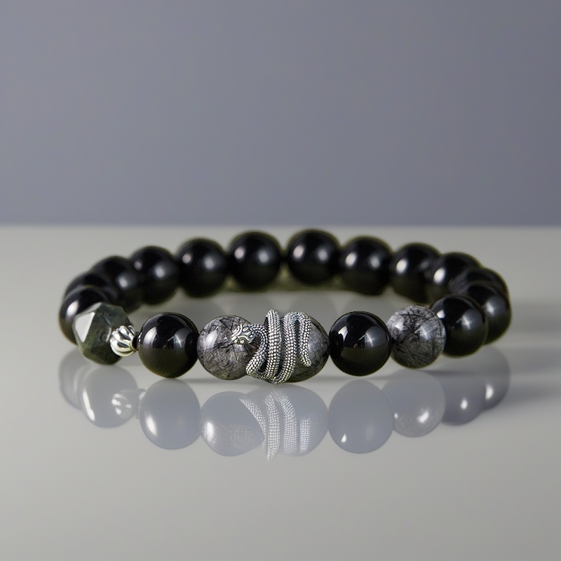 S925 Sterling Silver Black Obsidian & Tourmalinated Quartz Snake Year Bracelet | Yin Yang Protection Jewelry | Zen Buddhist Style Gift for Him