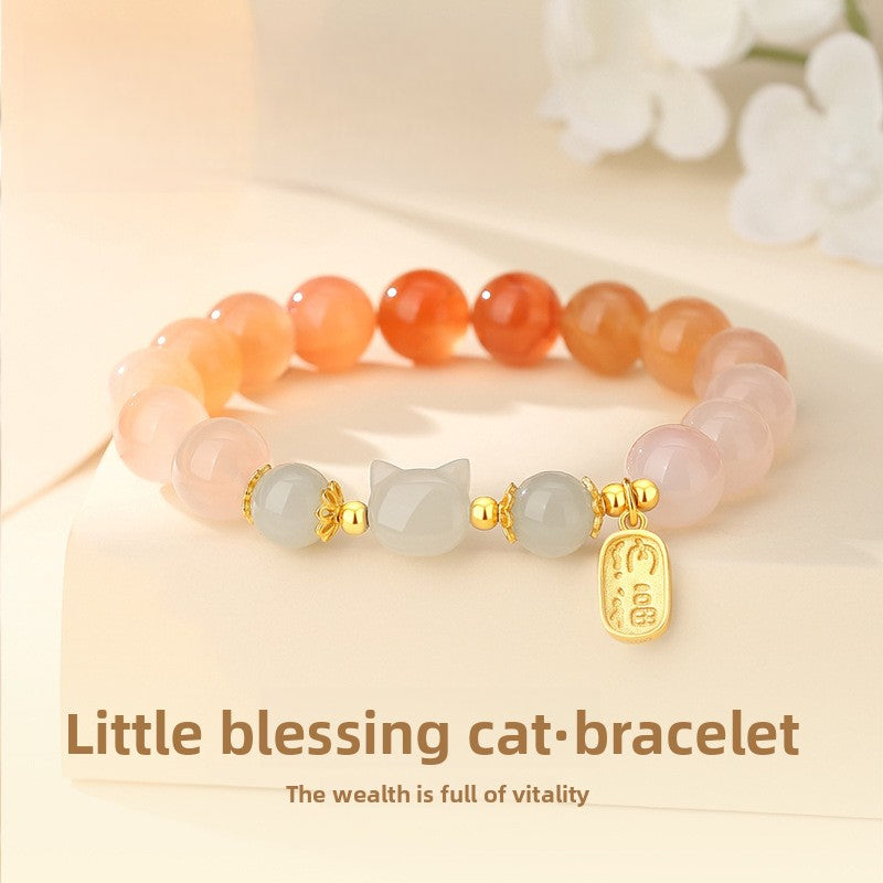 Red Agate & Hetian Jade Cat Bracelet - 925 Sterling Silver Chinese Style Jewelry | Unique Valentine's Gift for Women