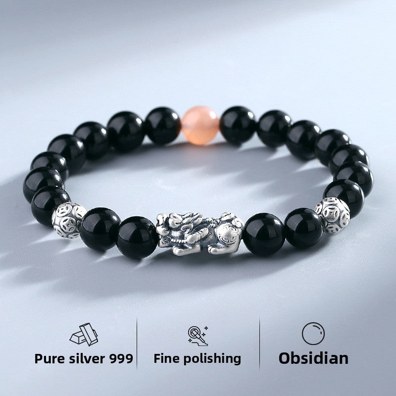 Pure Silver999Vintage Men's Accessories3D Hard Pixiu Bracelet Obsidian Bead Bracelet for Women520Valentine's Day gift for girlfriend