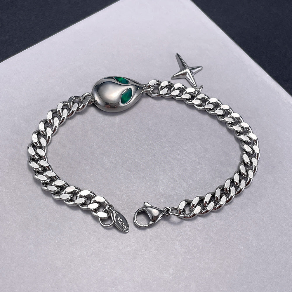 Hip Hop Cuban Chain Bracelet - Trendy Alien Pendant Stainless Steel Unisex Jewelry | Vintage Retro Adjustable Hand Chain