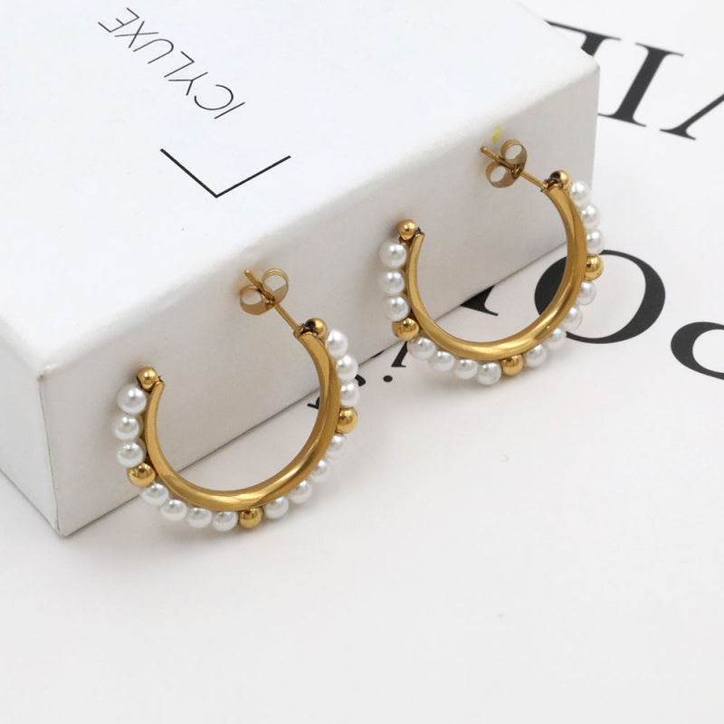French Luxury Pearl Hoop Earrings - 18K Gold Plated Titanium Steel C-Shape Earrings