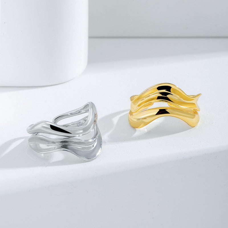Irregular Wave Silver Ring for Women S925 Sterling Silver Versatile Double Layer Hollow Fashion Adjustable Ring